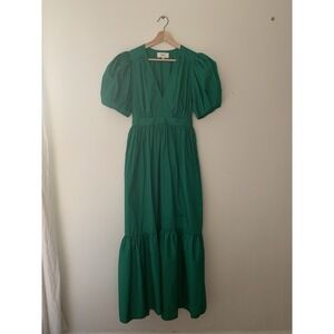 Xirena Larkyn Dress XS Kelly Green Maxi Puff Sleeve 100% Cotton Vneck Flounce